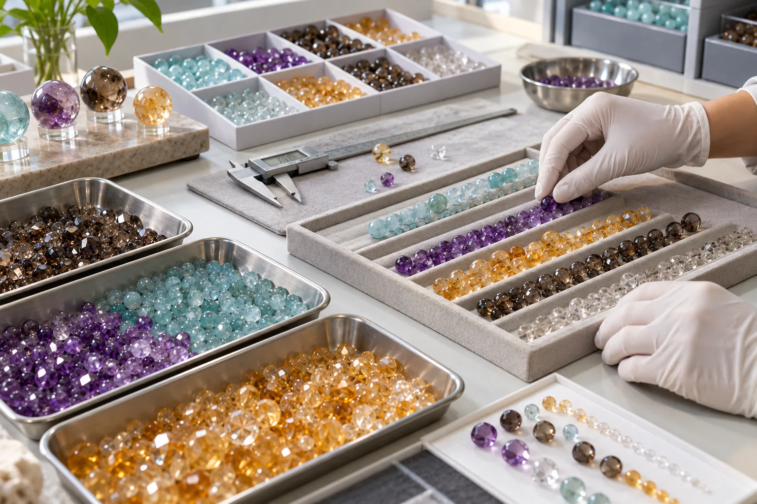 Organized export cartons and fulfillment bench for bracelet orders