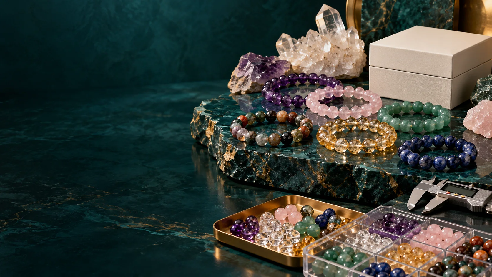 FULVERA crystal bracelet sourcing collection with loose beads, caliper and private-label packaging
