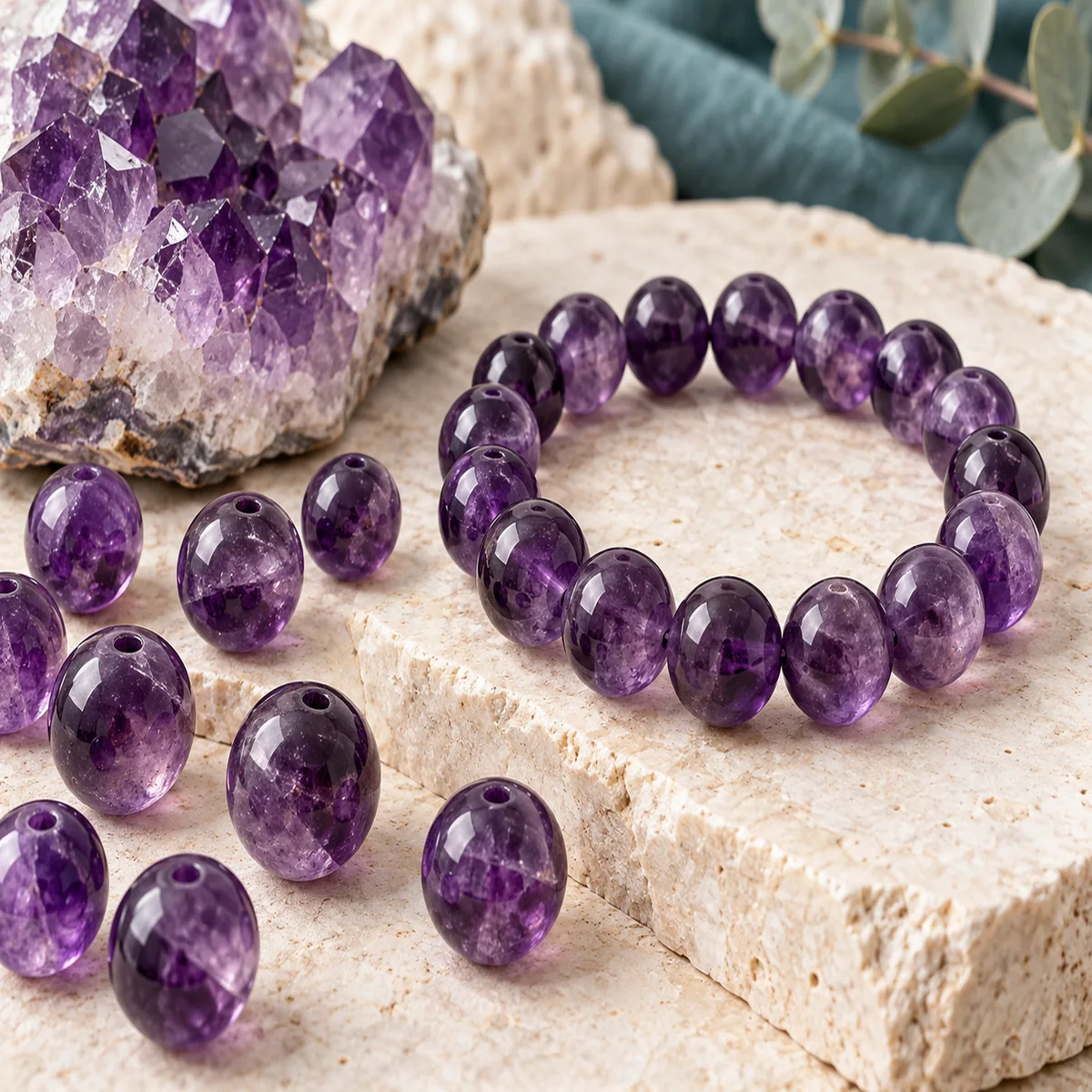 Amethyst crystal bead material sample board