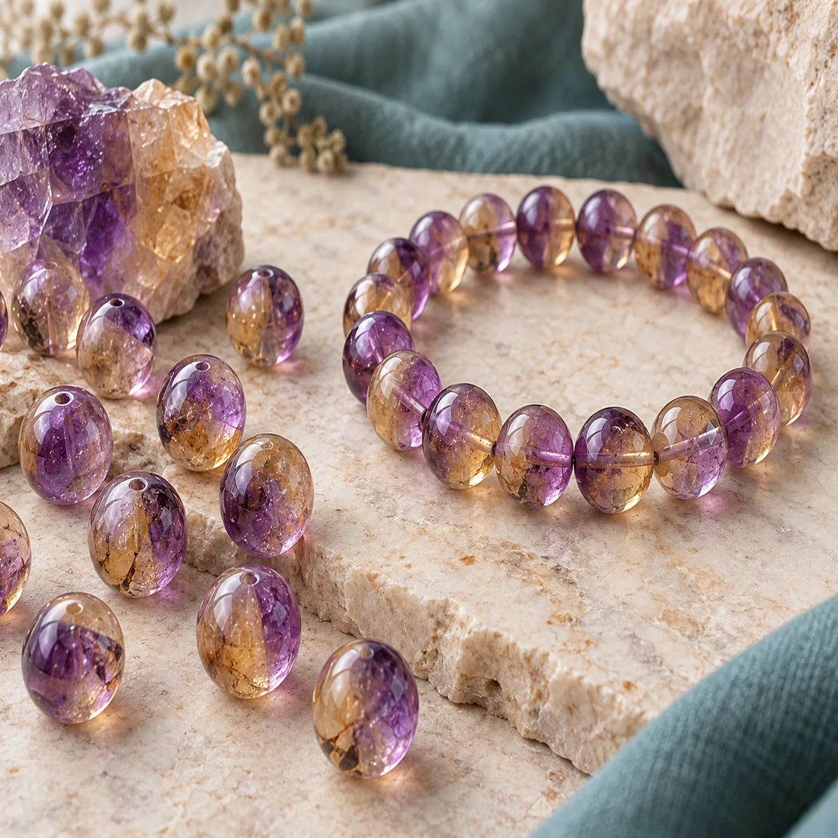 Ametrine crystal bead material sample board