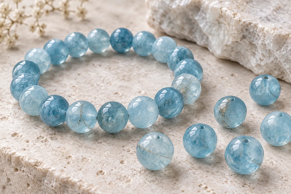 Aquamarine crystal bead material sample board