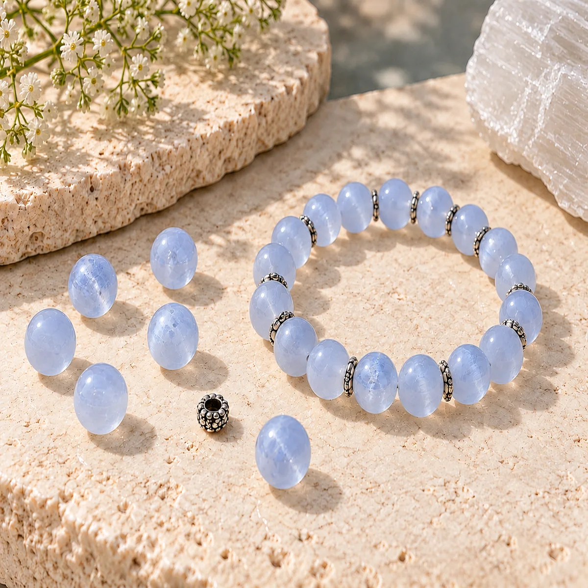 Blue Chalcedony crystal bead material sample board