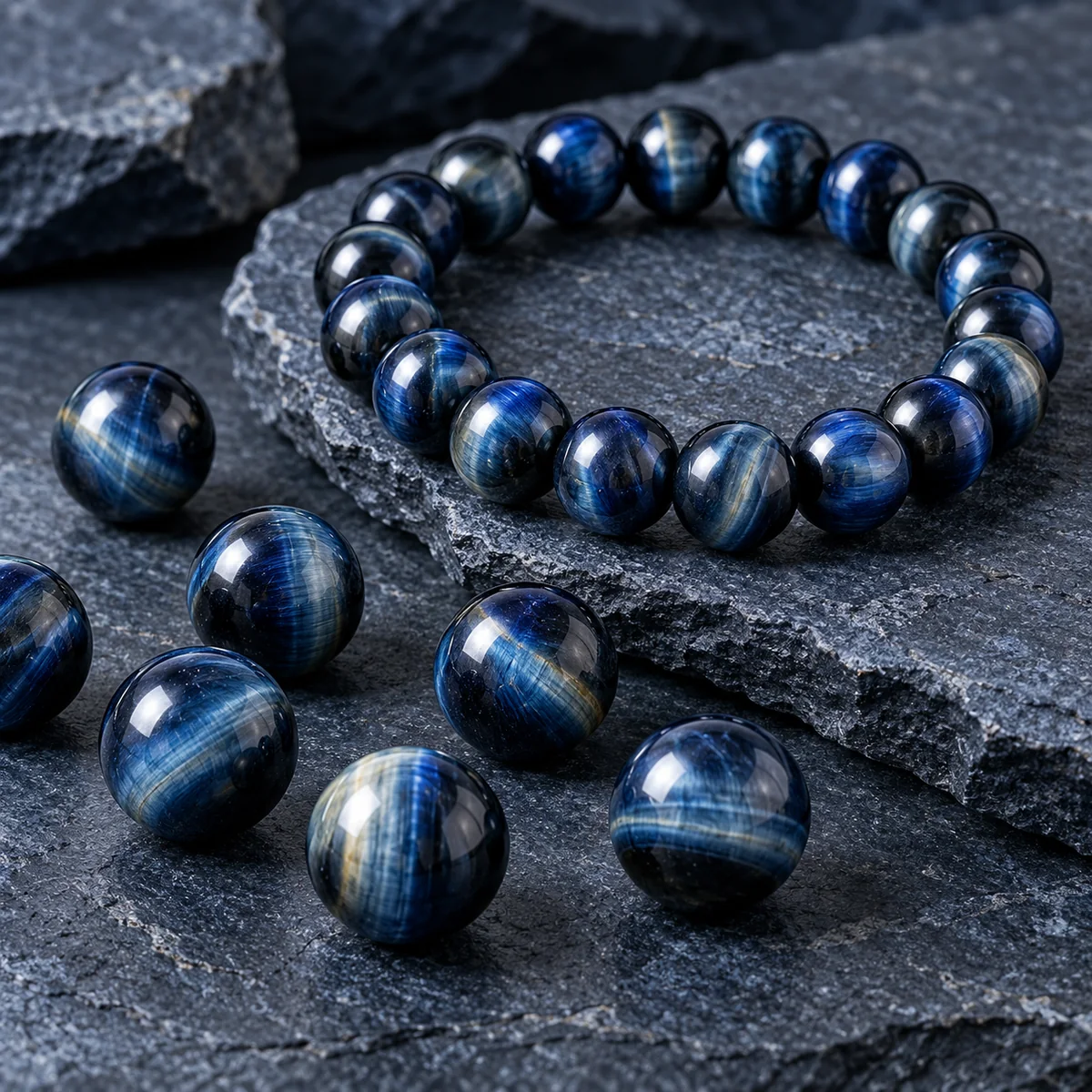 Blue Tiger's Eye / Hawk's Eye crystal bead material sample board