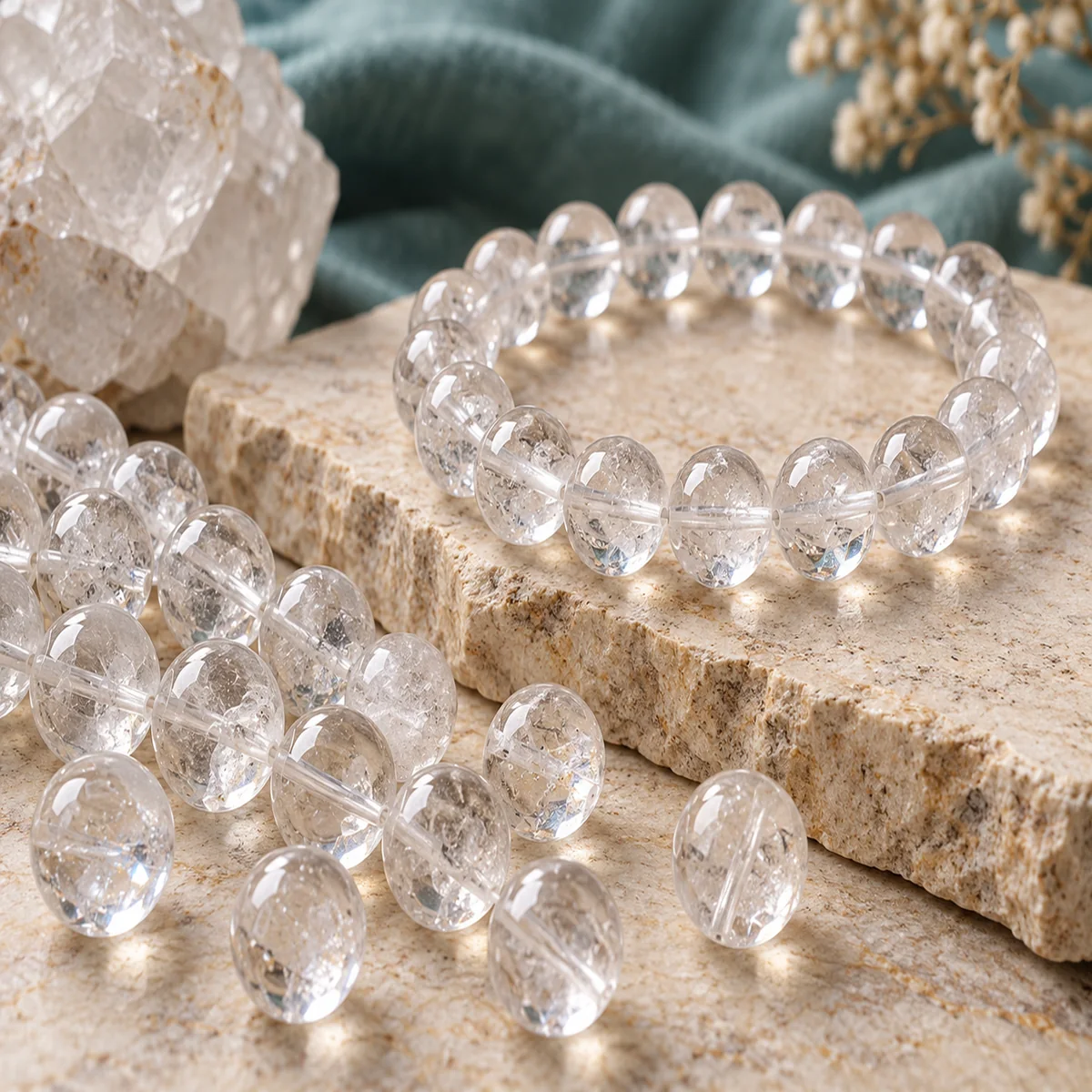 Clear Quartz crystal bead material sample board