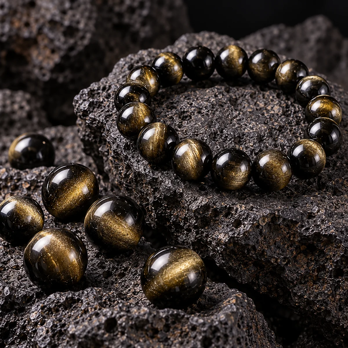 Gold Sheen Obsidian crystal bead material sample board