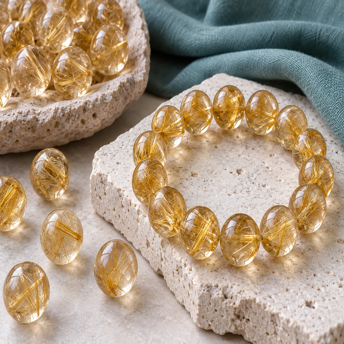 Golden Rutilated Quartz crystal bead material sample board