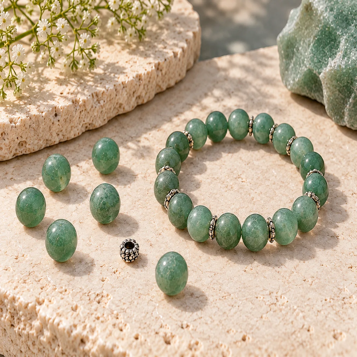 Green Aventurine crystal bead material sample board