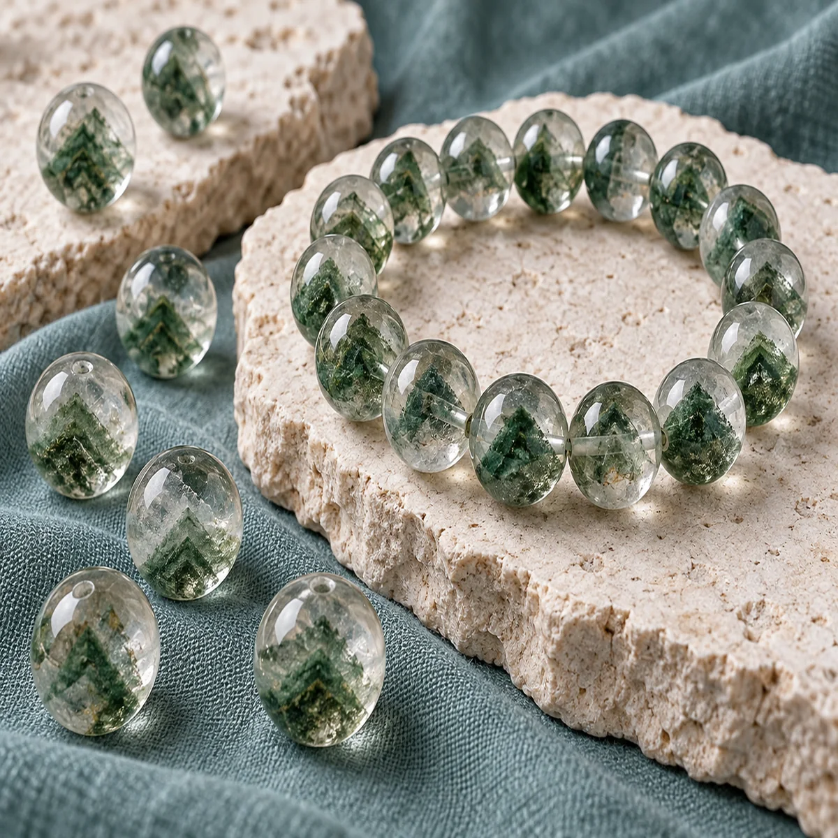 Green Phantom Quartz crystal bead material sample board