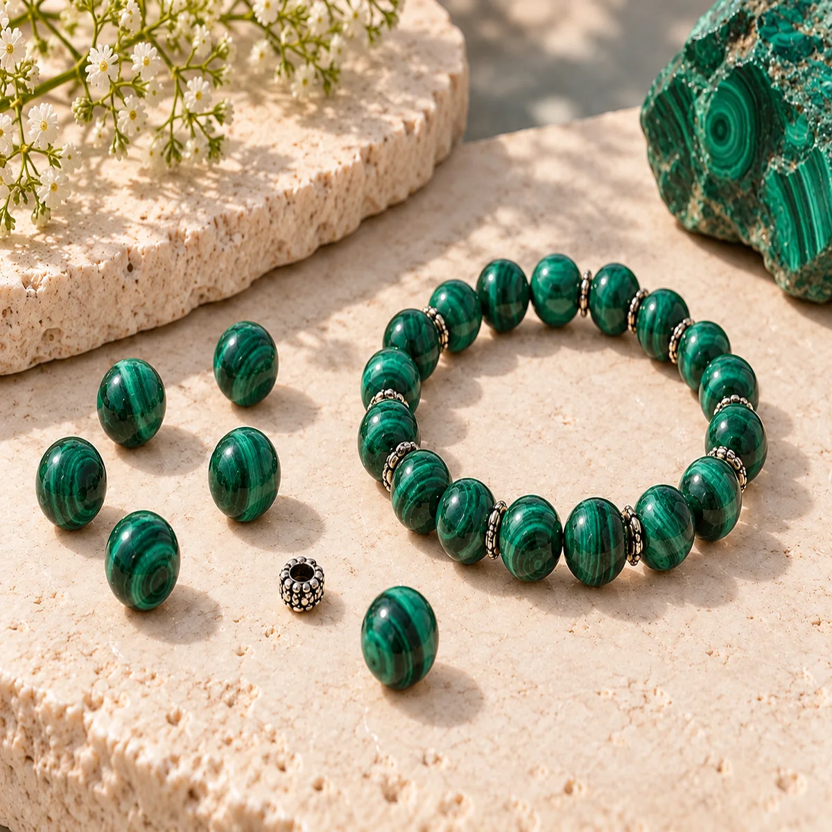 Malachite crystal bead material sample board