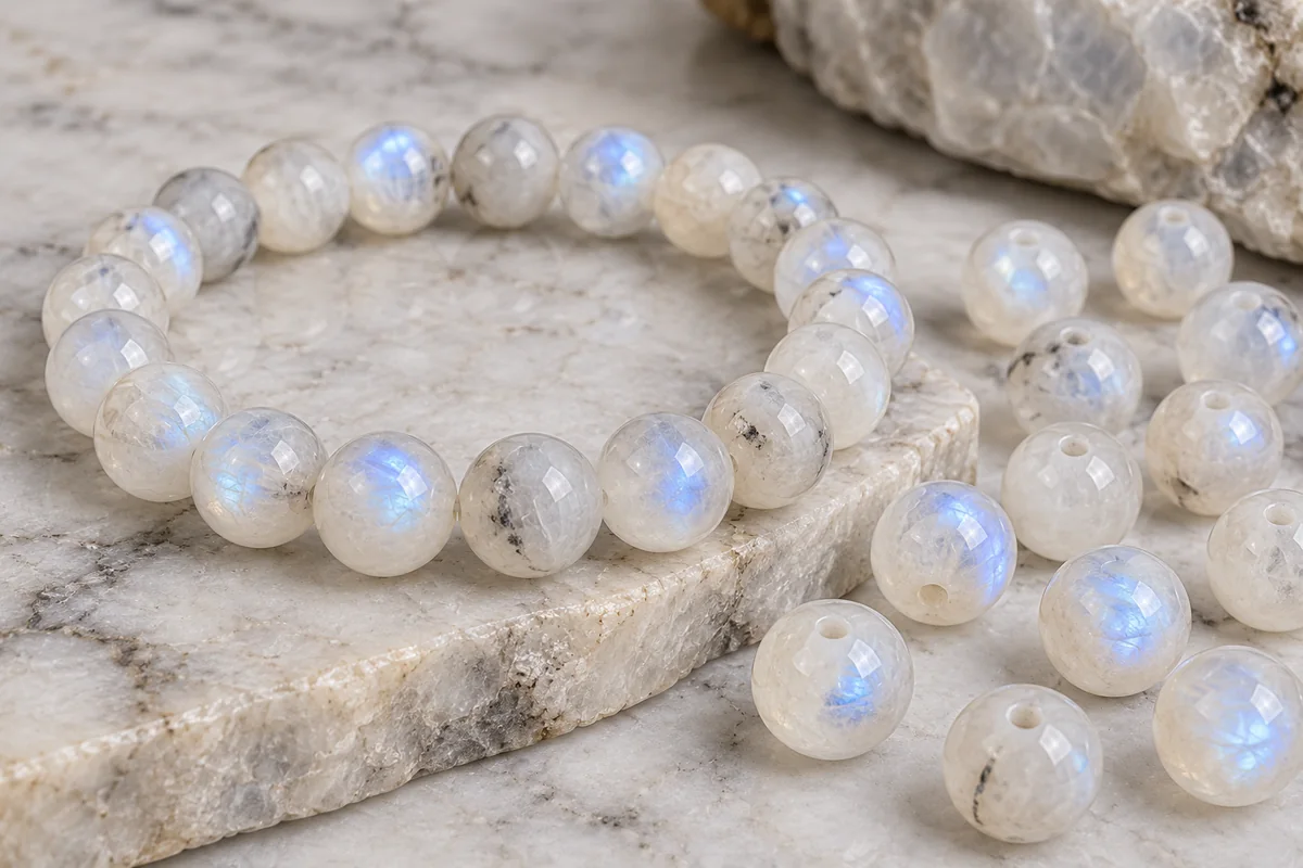 Moonstone crystal bead material sample board