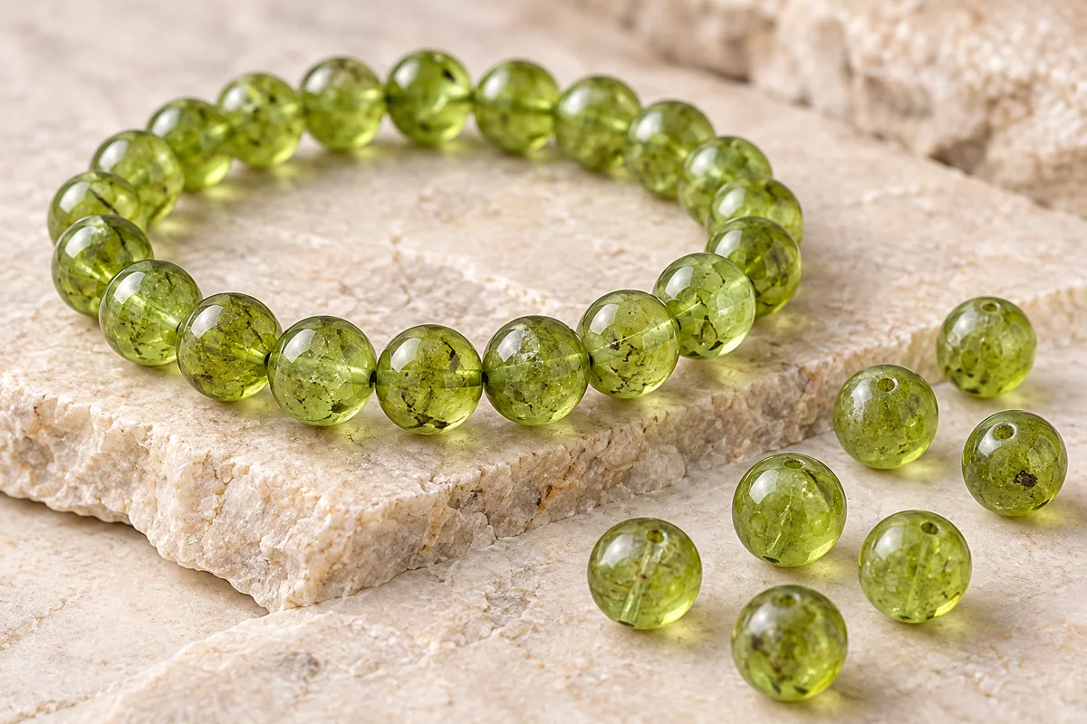 Peridot crystal bead material sample board