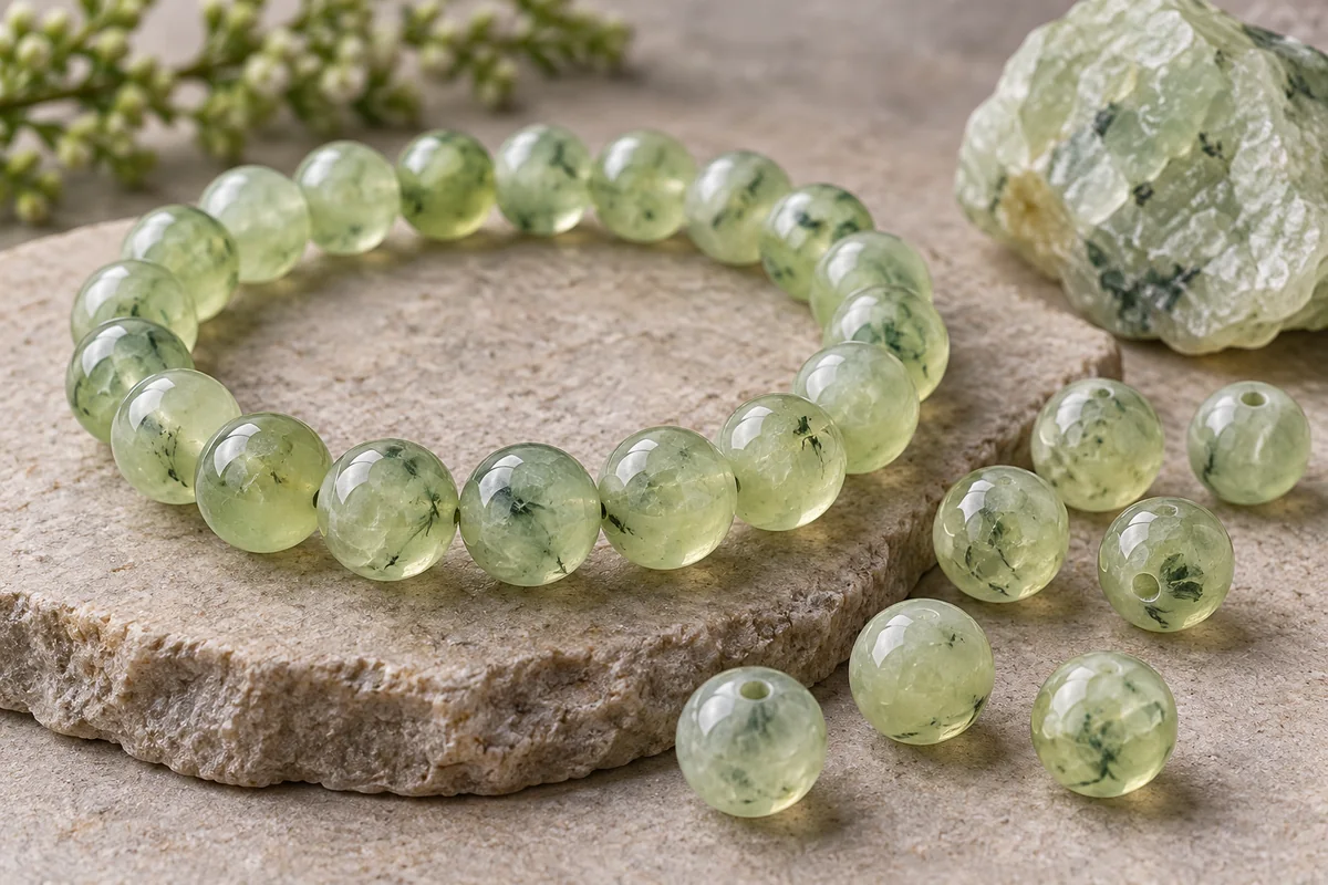 Prehnite crystal bead material sample board