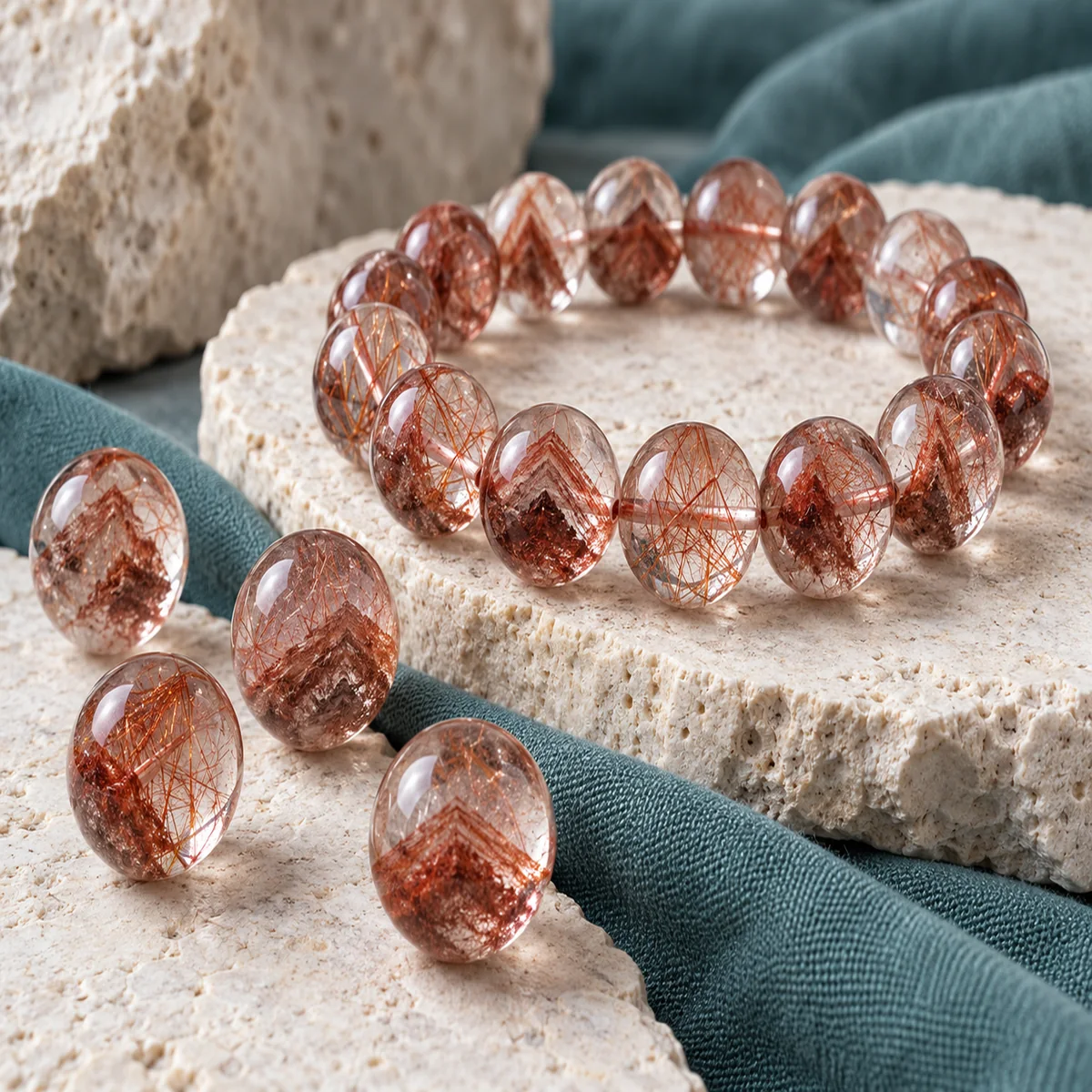 Red Rutilated Phantom crystal bead material sample board