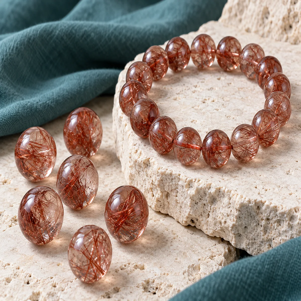 Red Rutilated Quartz crystal bead material sample board