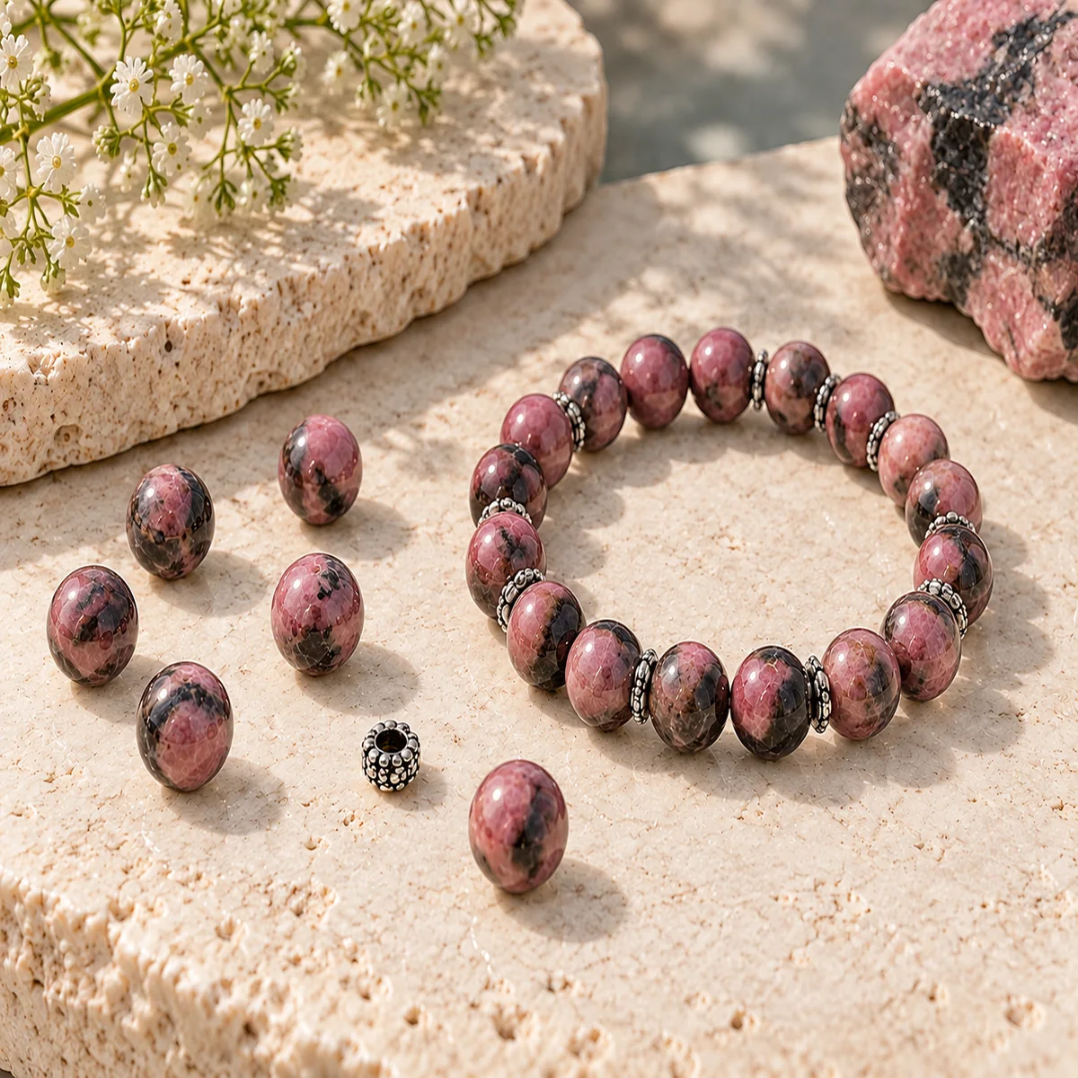 Rhodonite crystal bead material sample board