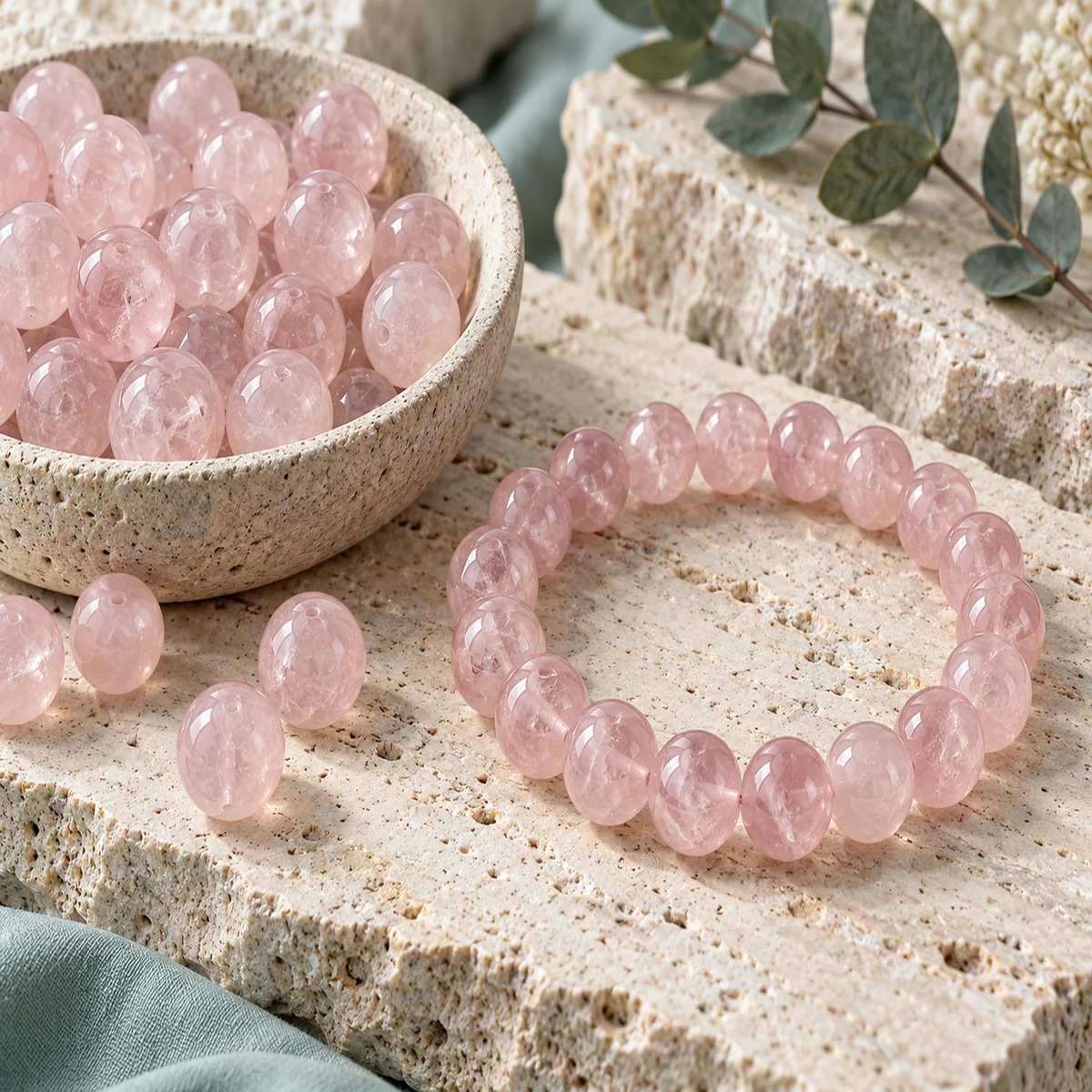 Rose Quartz crystal bead material sample board