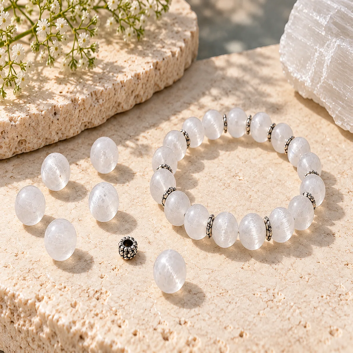 Selenite crystal bead material sample board