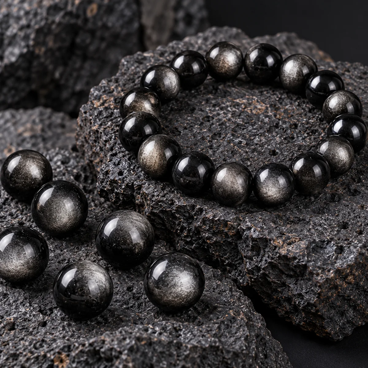 Silver Sheen Obsidian crystal bead material sample board